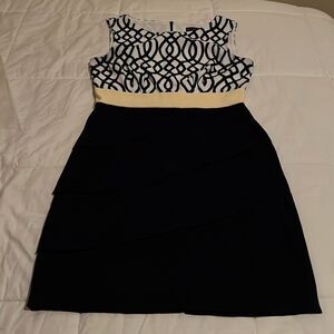 Connected Apparel Dress Sz 10 Scoop Neck Sleeveless Midi Navy White Yellow Midi